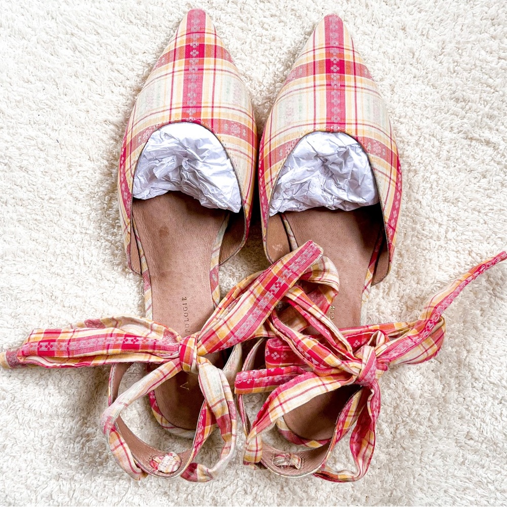 Anthropologie Pink White Plaid Ankle Tie Ballet Flats